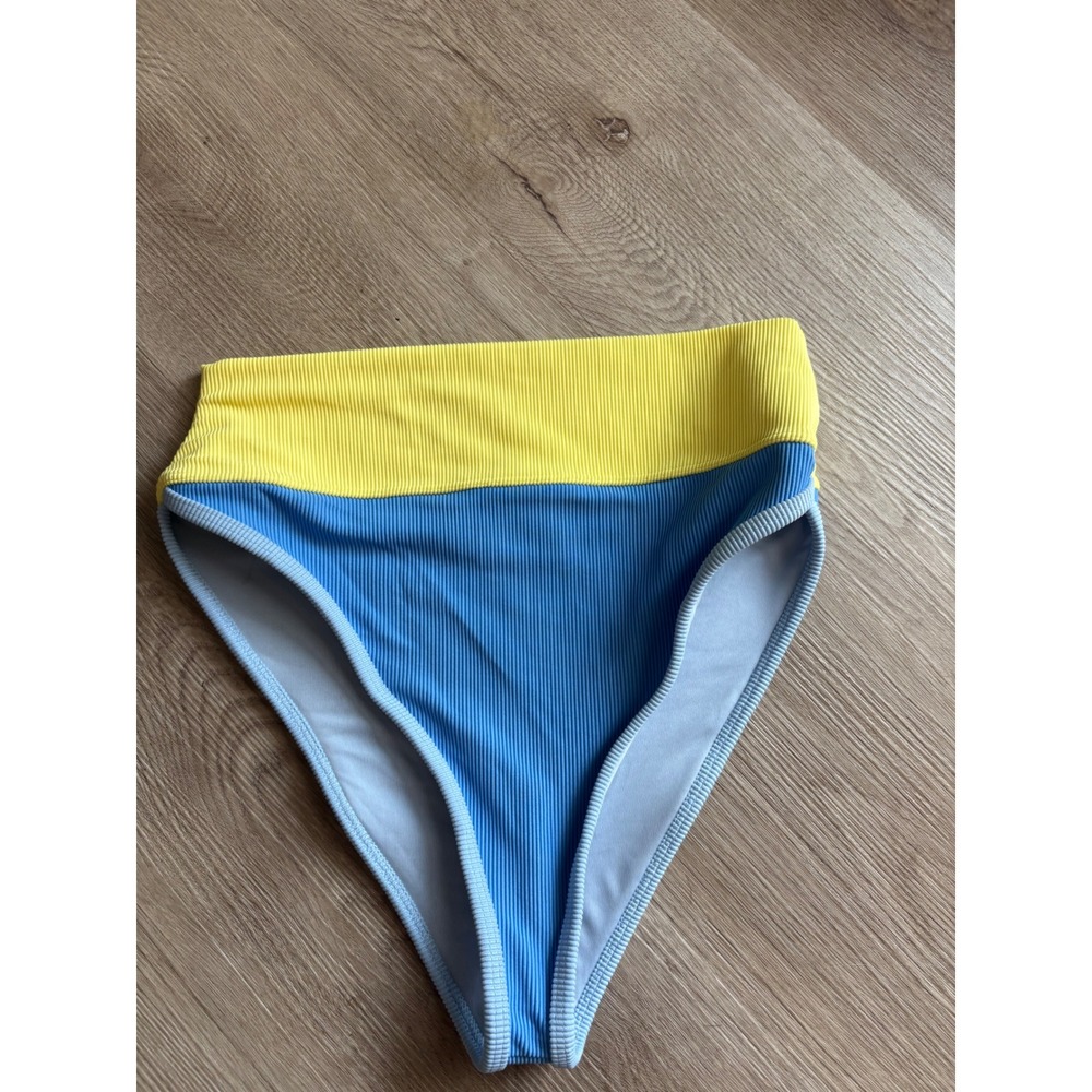 Beach Riot Emmy High Waisted Bikini Bottom Coral Reef Colorblock Ribbed Blue L